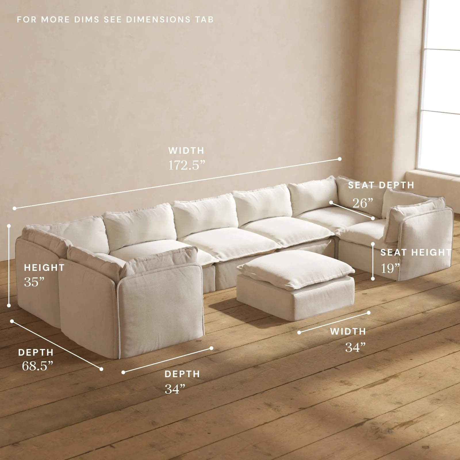 Modular Performance 7-Seater U-Sectional   Ottoman in Flour | Deluxe Blend