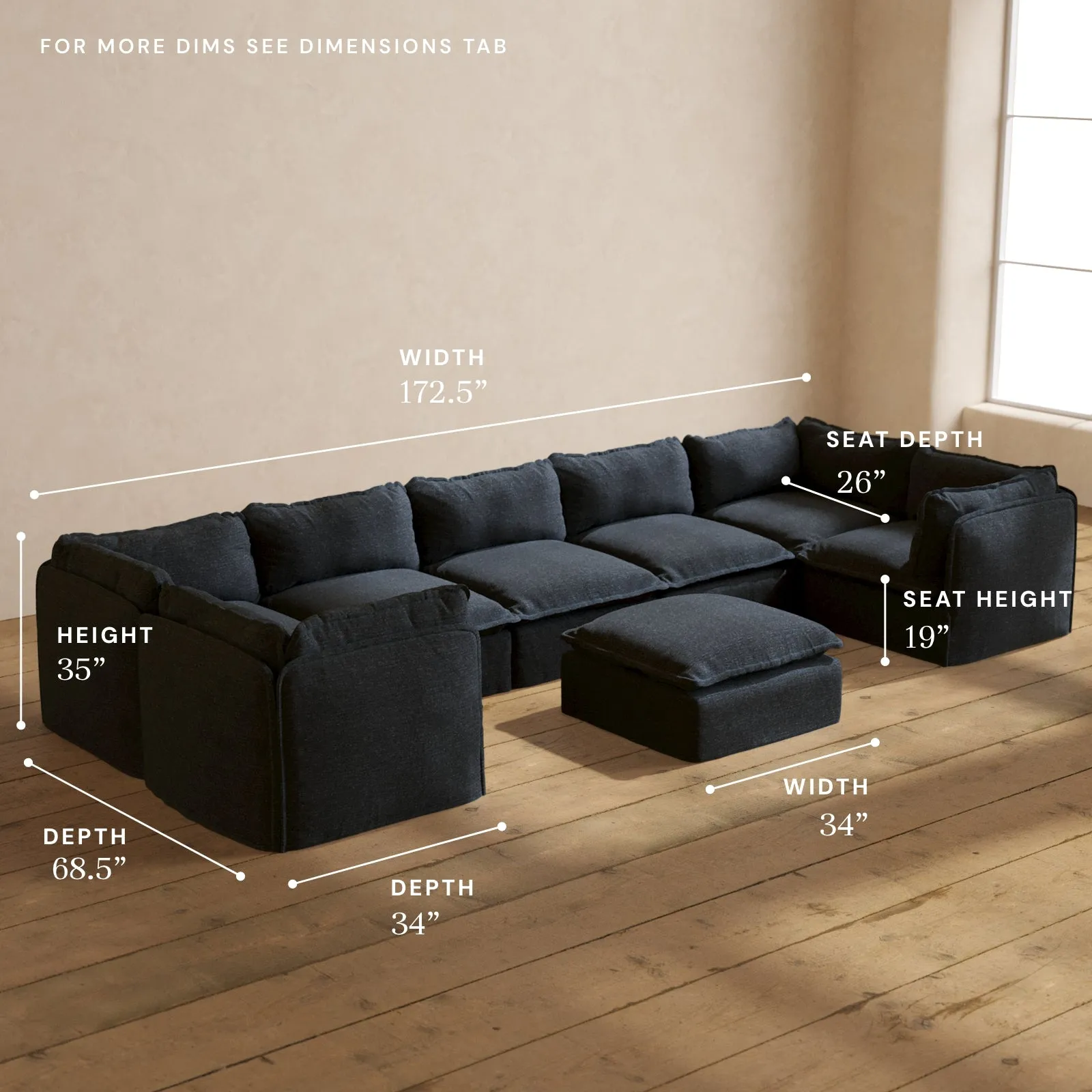 Modular Performance 7-Seater U-Sectional   Ottoman in Indigo | Deluxe Blend