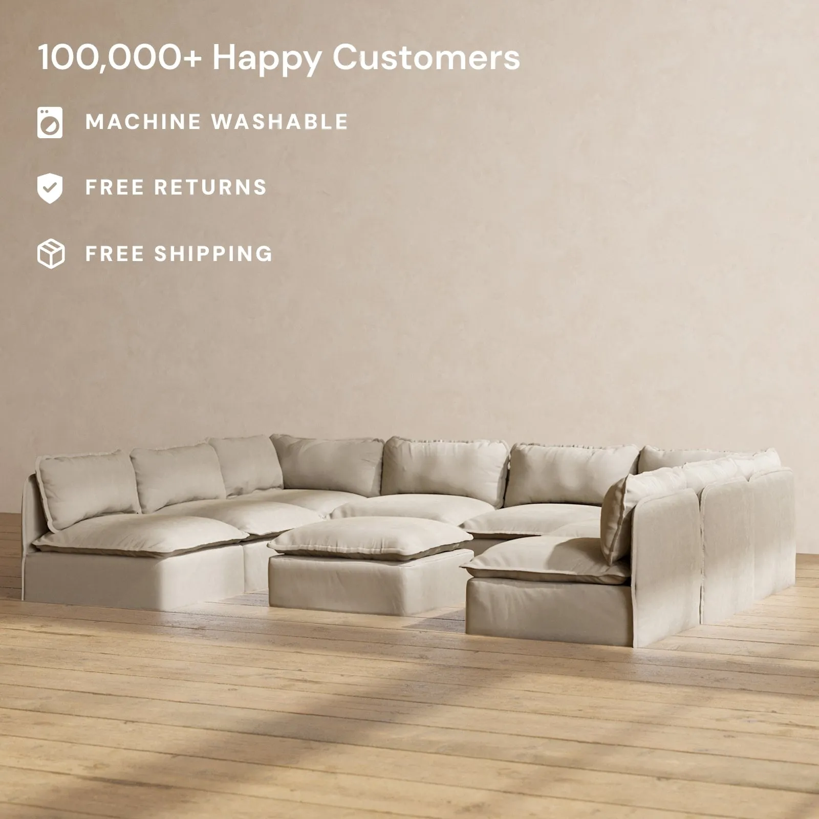 Modular Performance 8-Seater Open-Ends U-Sectional   Ottoman in Dune | Relaxed Blend