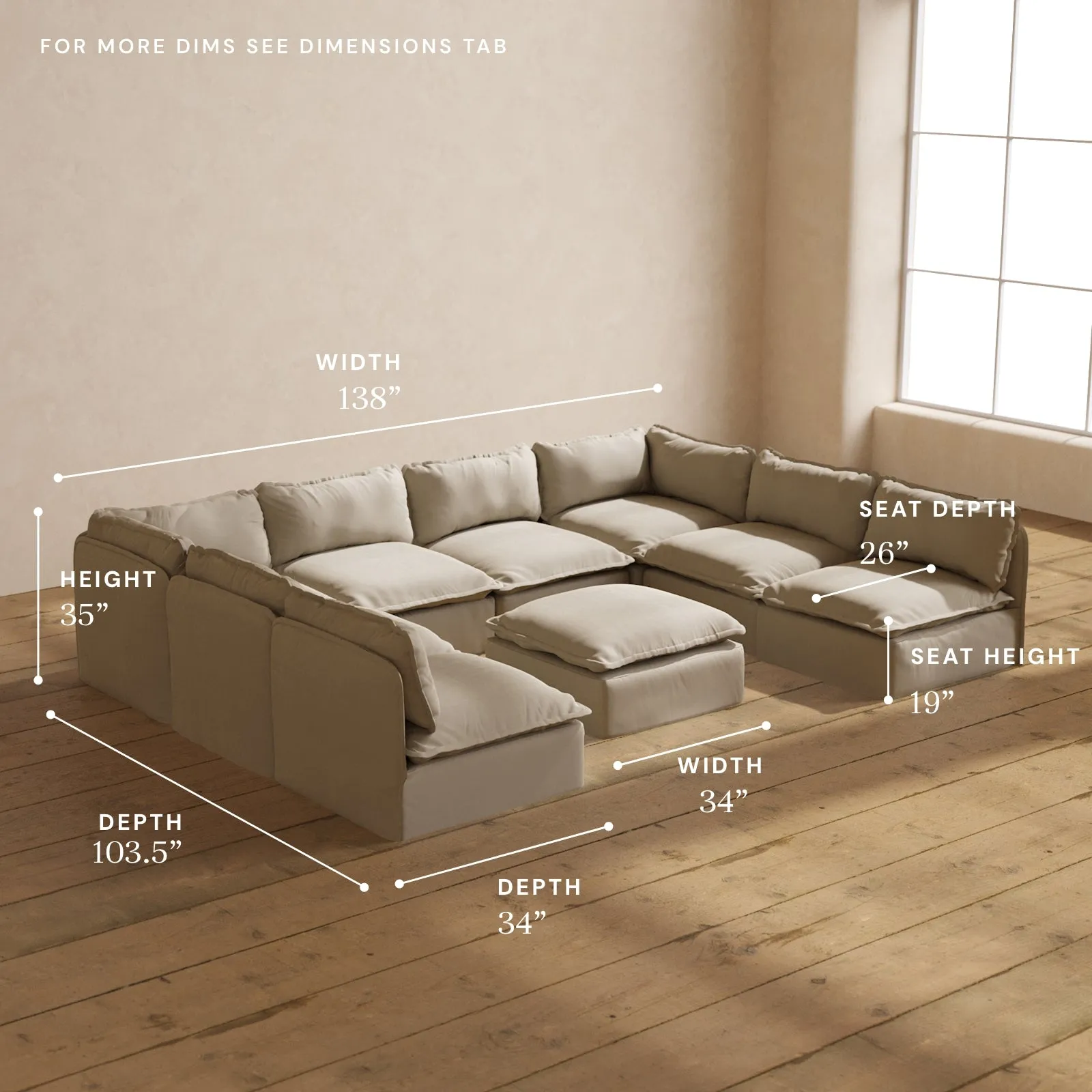 Modular Performance 8-Seater Open-Ends U-Sectional   Ottoman in Dune | Relaxed Blend