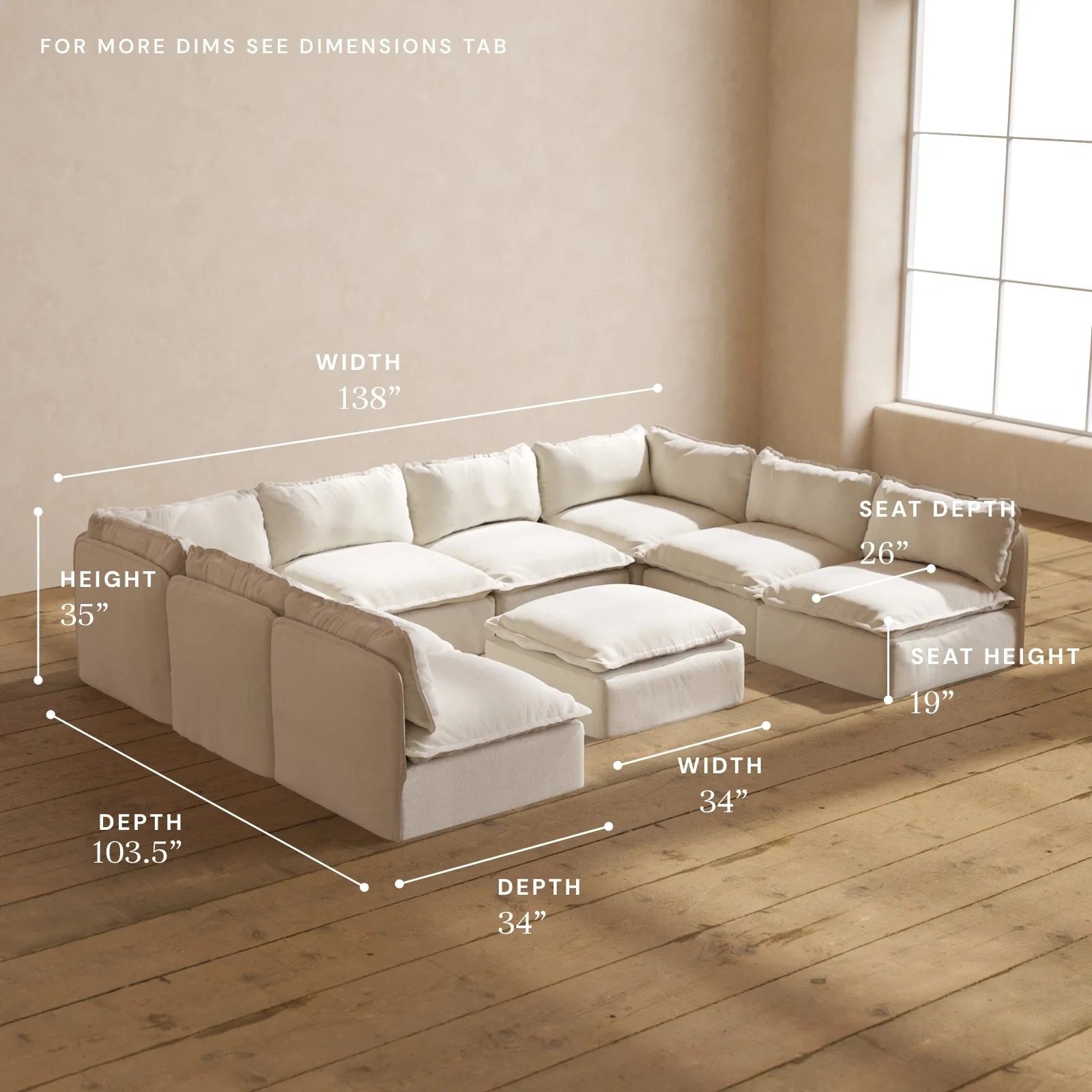 Modular Performance 8-Seater Open-Ends U-Sectional   Ottoman in Flour | Relaxed Blend