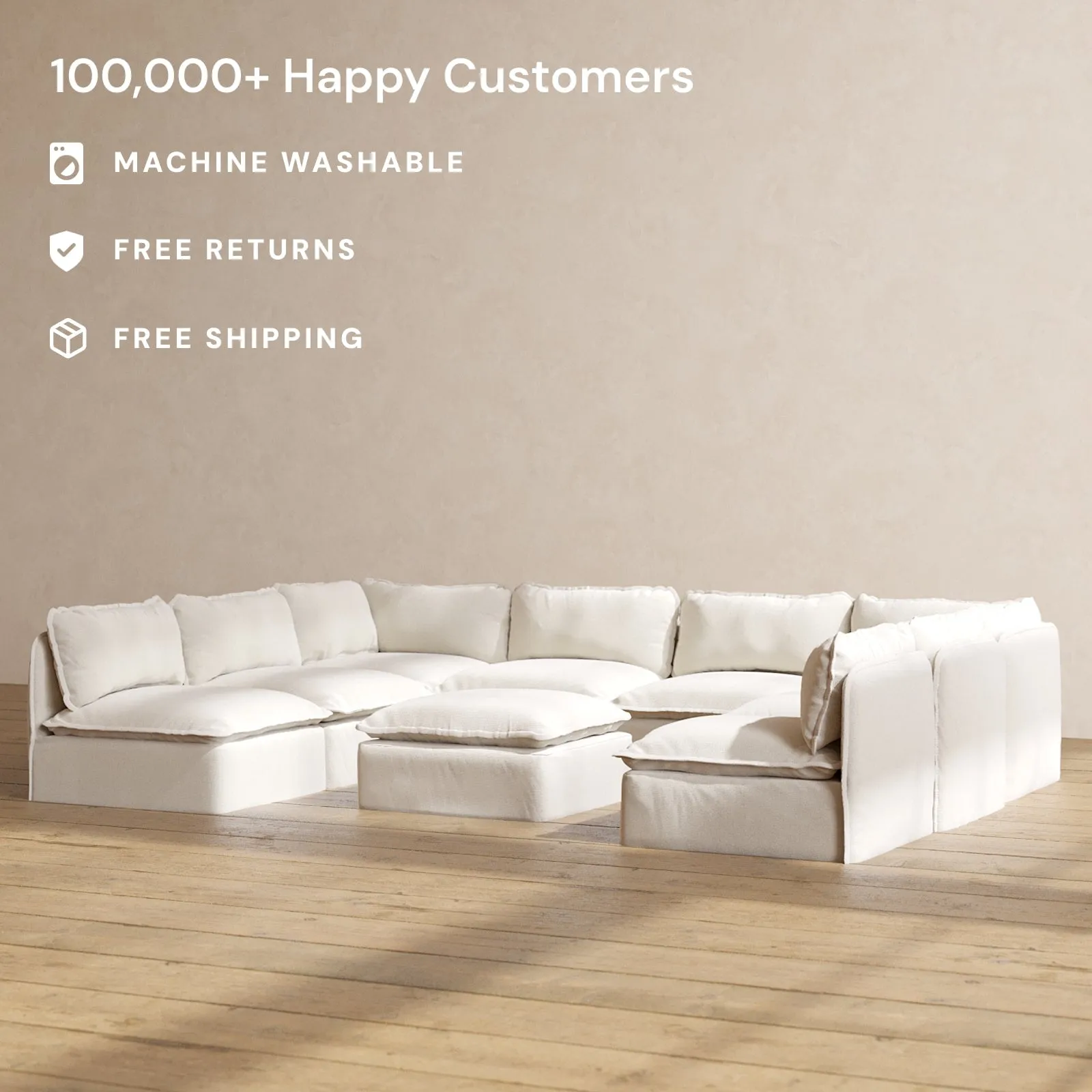 Modular Performance 8-Seater Open-Ends U-Sectional   Ottoman in Flour | Relaxed Blend