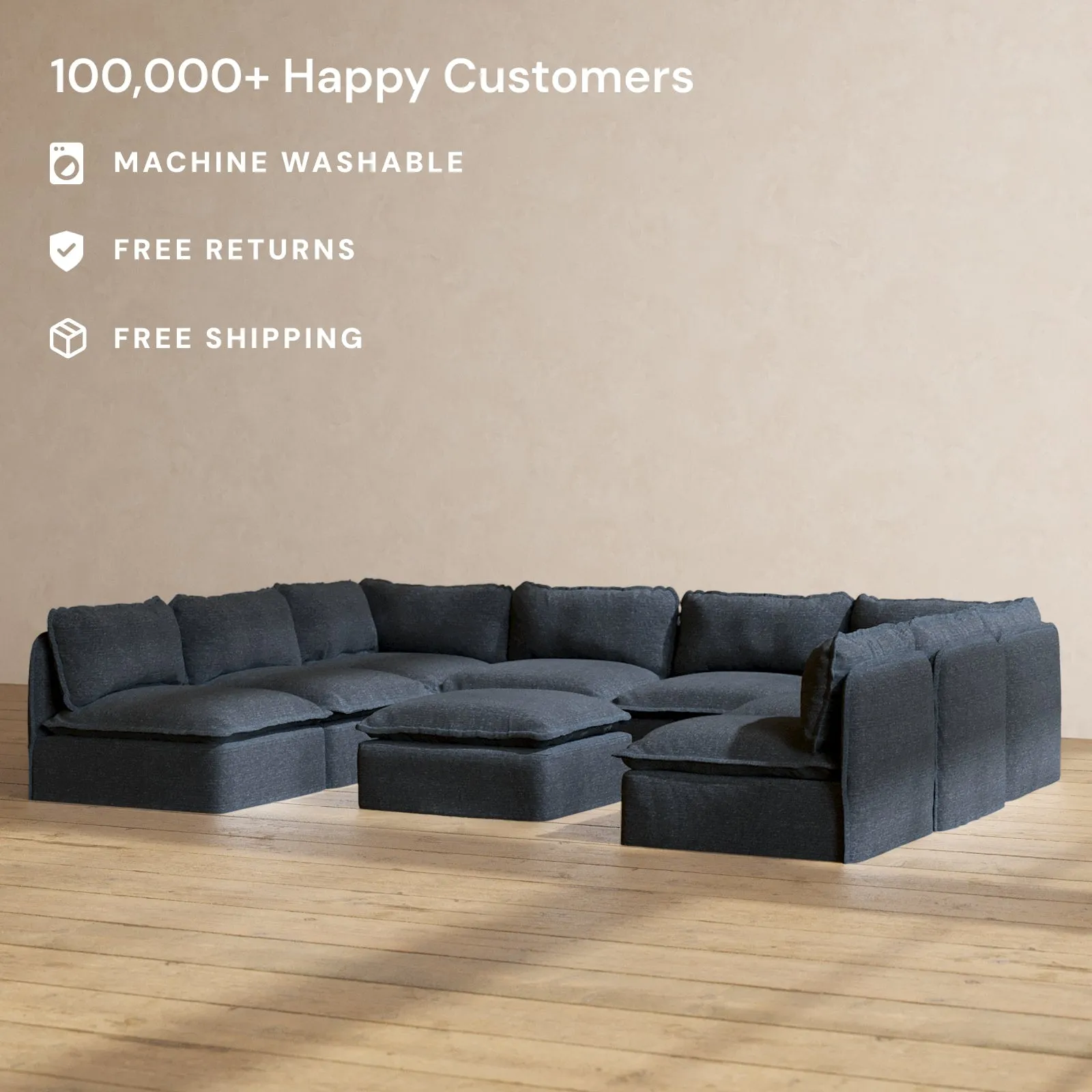 Modular Performance 8-Seater Open-Ends U-Sectional   Ottoman in Indigo | Deluxe Blend