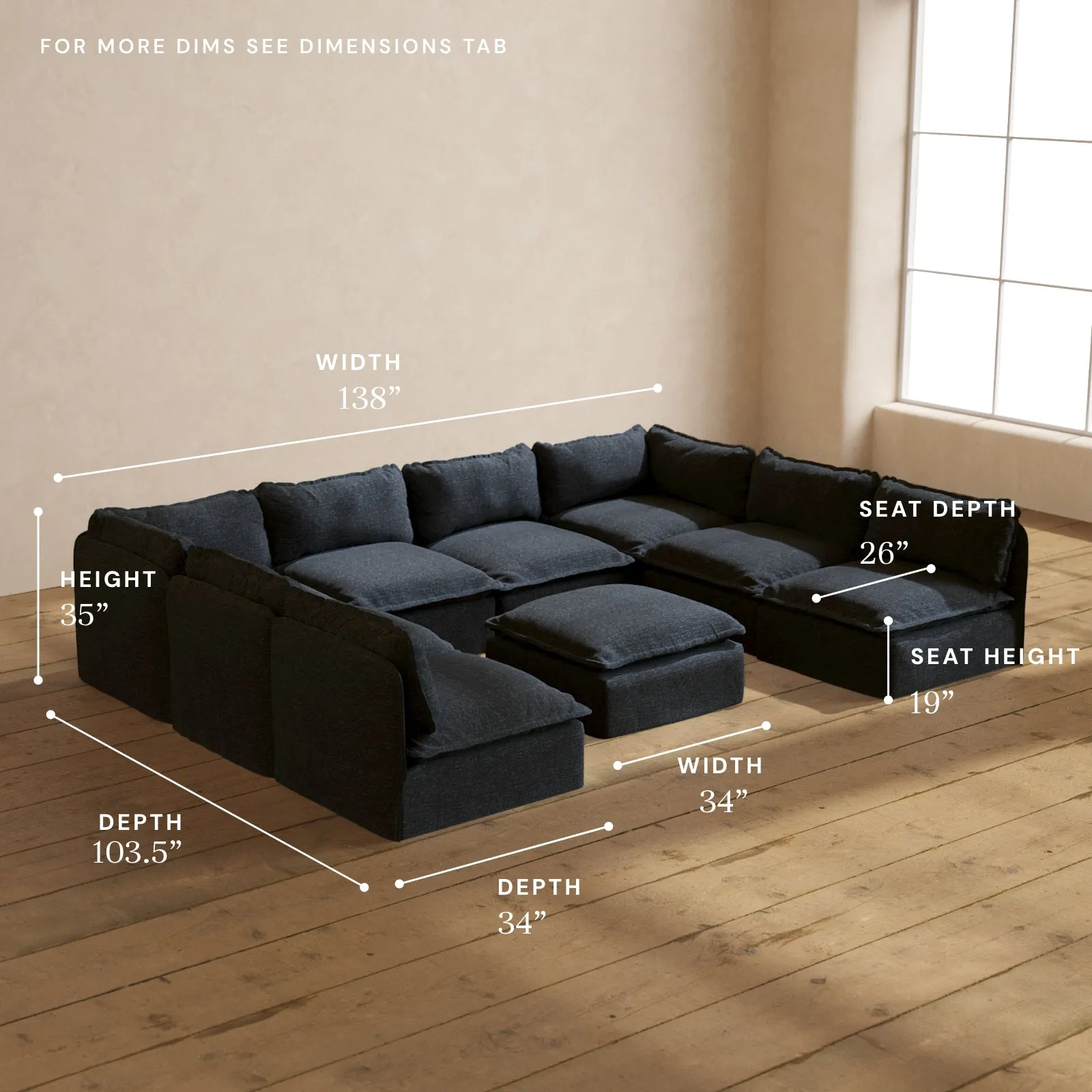 Modular Performance 8-Seater Open-Ends U-Sectional   Ottoman in Indigo | Deluxe Blend