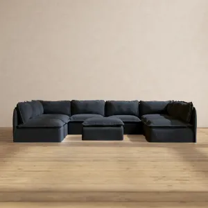 Modular Performance 8-Seater Open-Ends U-Sectional   Ottoman in Indigo | Deluxe Blend