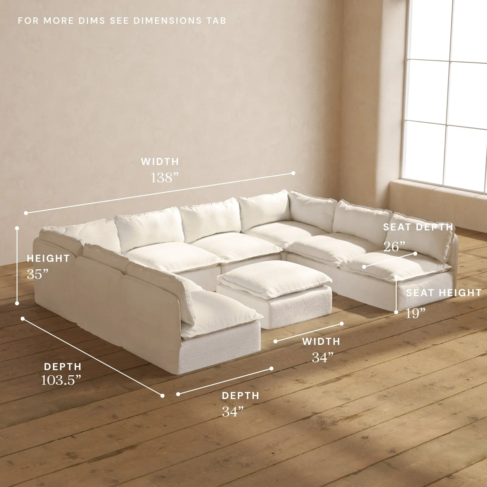 Modular Performance 8-Seater Open-Ends U-Sectional   Ottoman in Mousse | Relaxed Blend