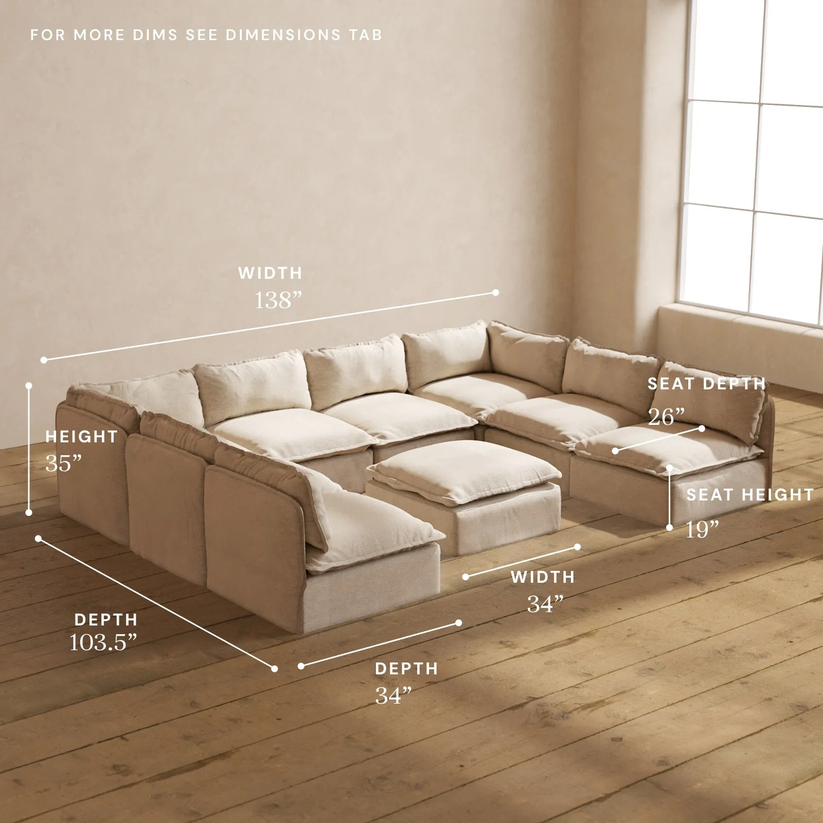 Modular Performance 8-Seater Open-Ends U-Sectional   Ottoman in Oat | Relaxed Blend