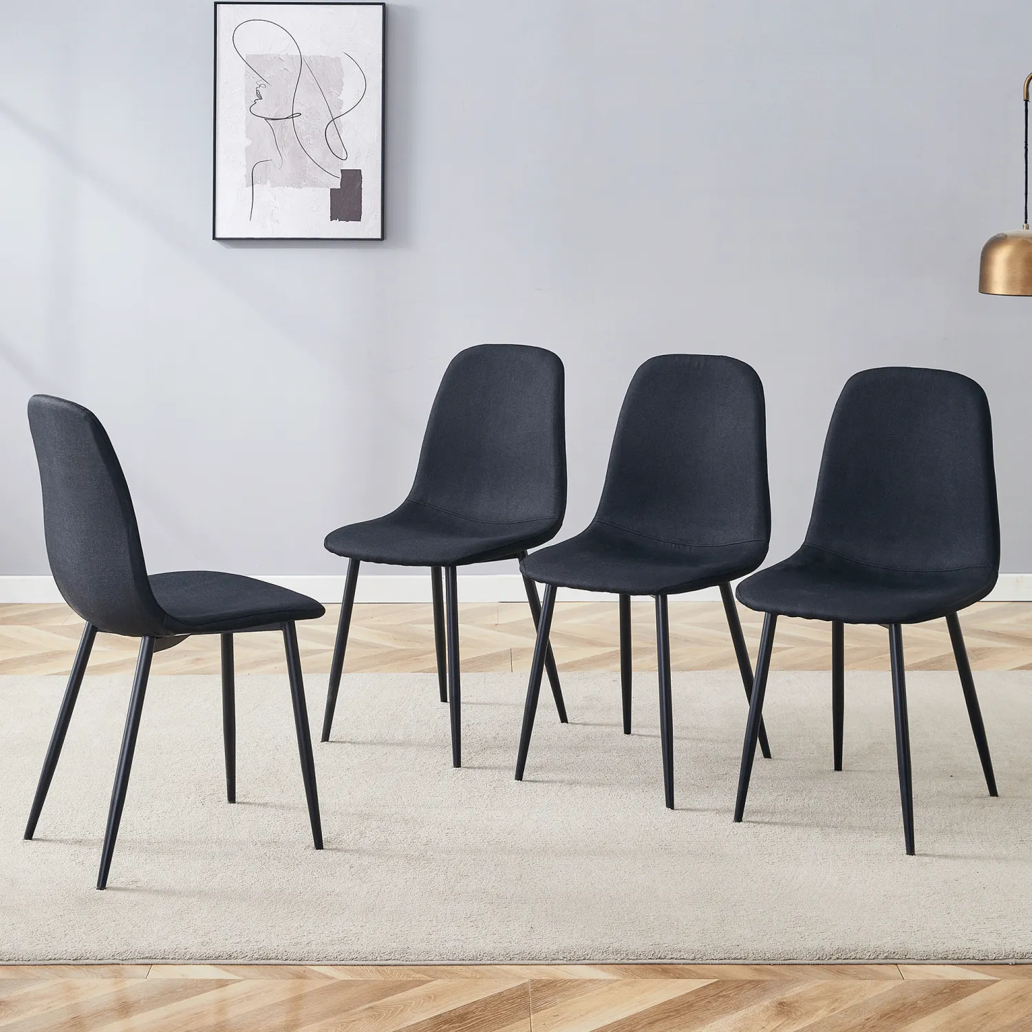 Streamdale Black Linen Dining Chairs - Set of 4, Metal Legs