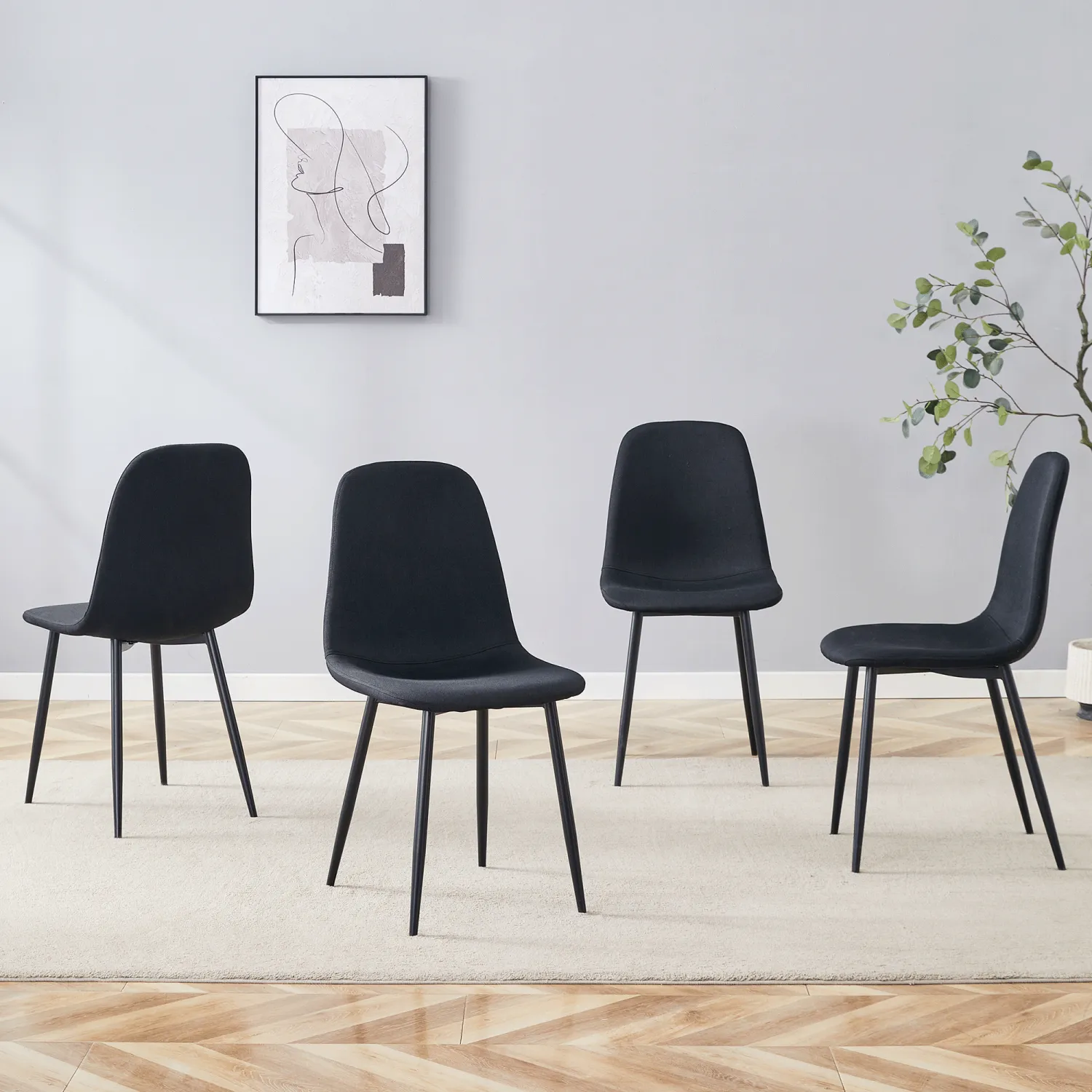 Streamdale Black Linen Dining Chairs - Set of 4, Metal Legs