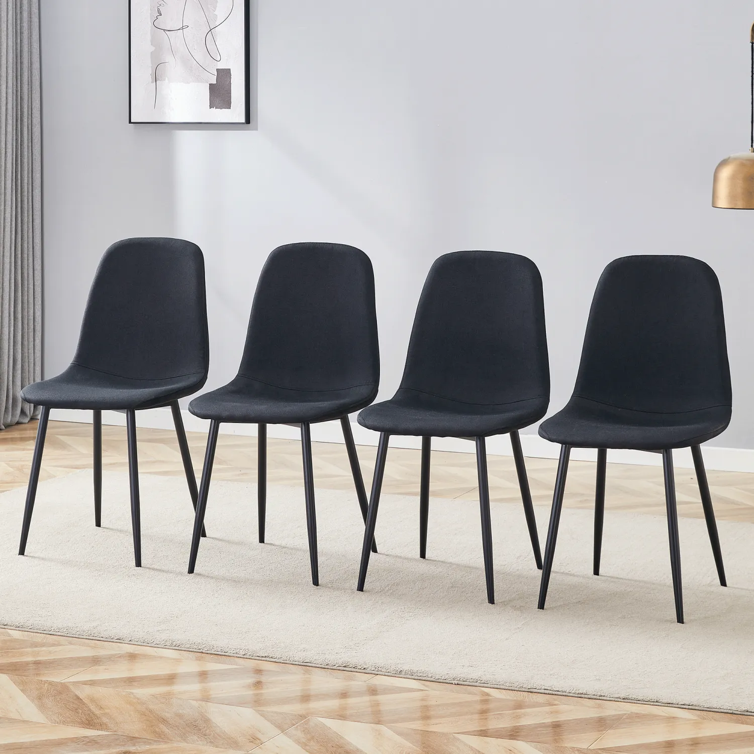 Streamdale Black Linen Dining Chairs - Set of 4, Metal Legs