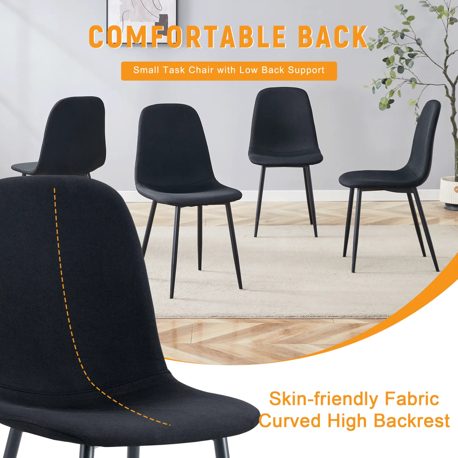 Streamdale Black Linen Dining Chairs - Set of 4, Metal Legs