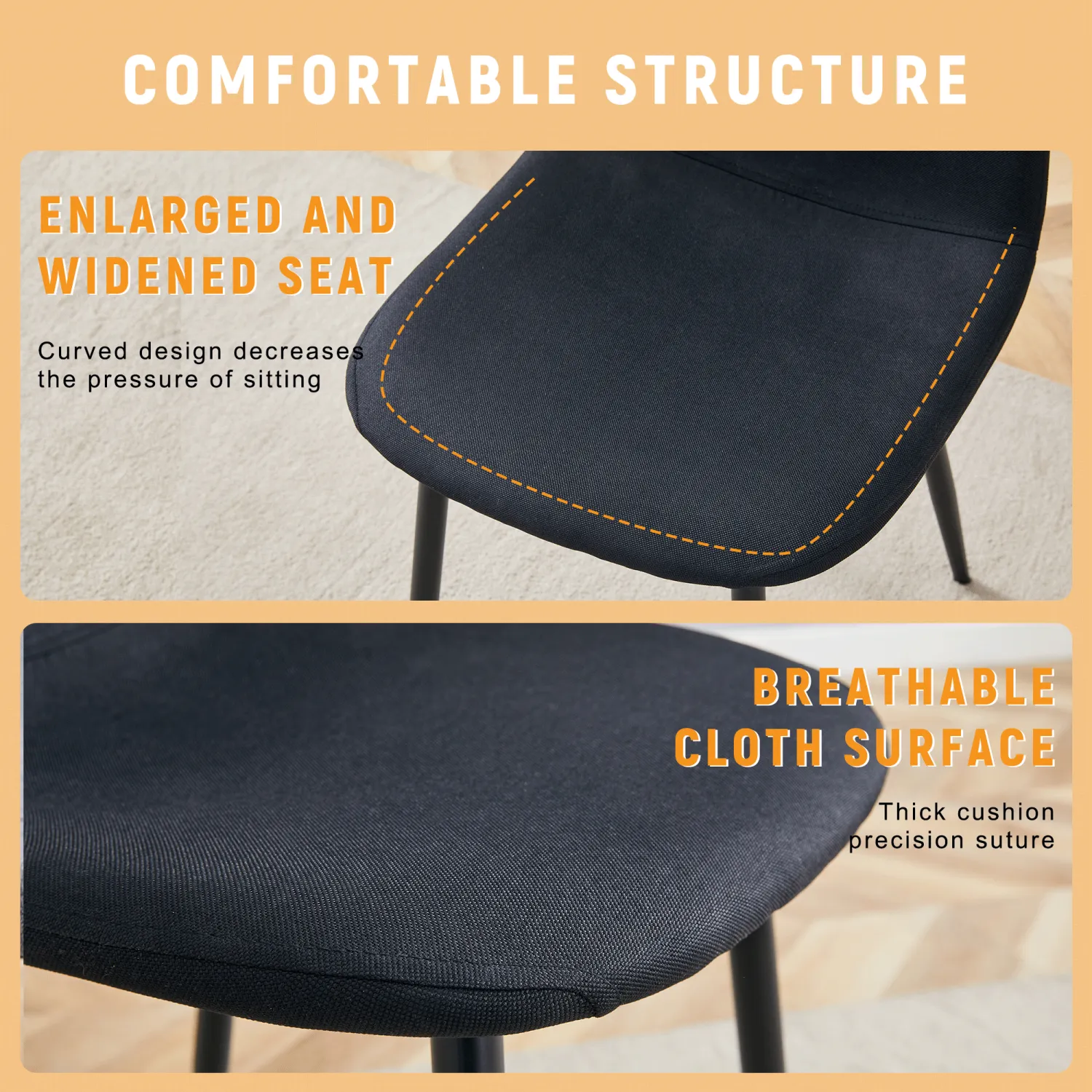 Streamdale Black Linen Dining Chairs - Set of 4, Metal Legs