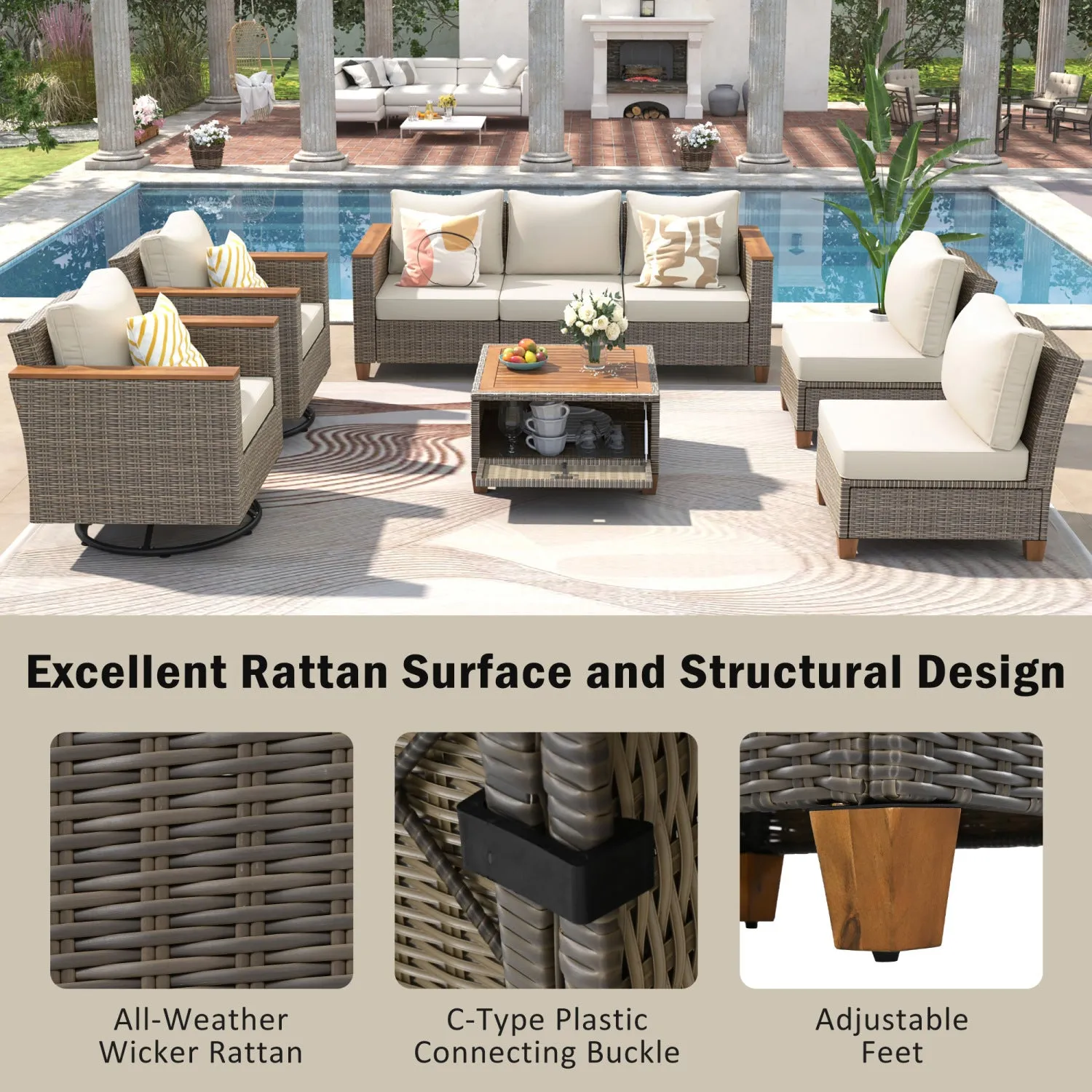 Streamdale Wicker Patio Set: Swivel Rockers, Couch, Storage Table