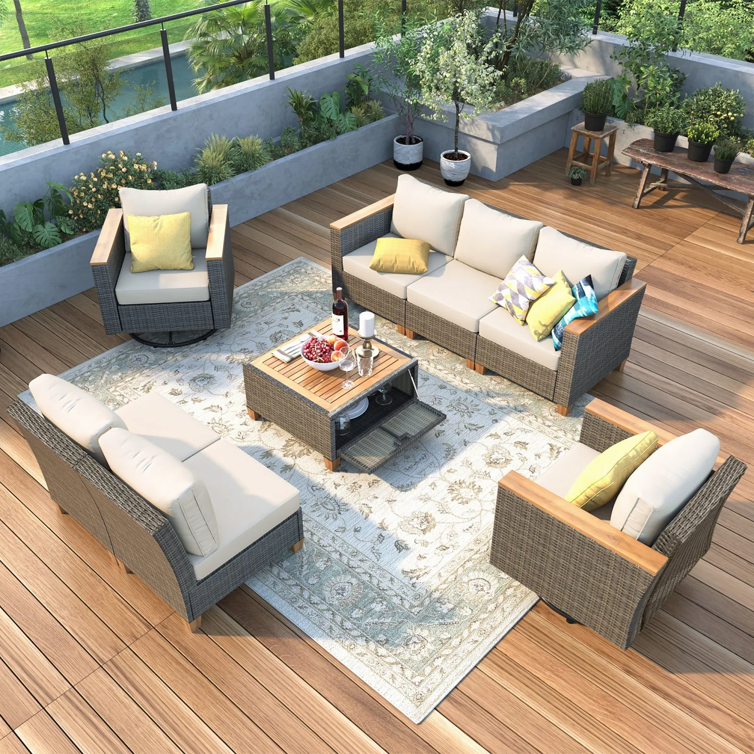 Streamdale Wicker Patio Set: Swivel Rockers, Couch, Storage Table