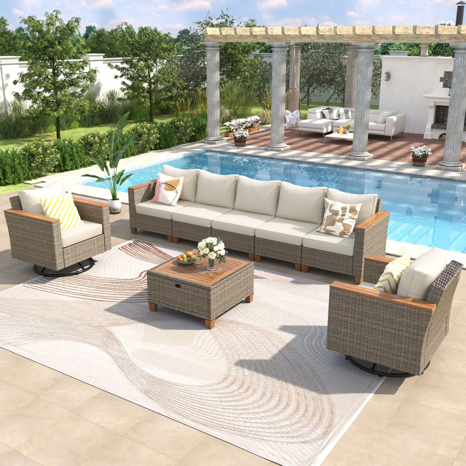 Streamdale Wicker Patio Set: Swivel Rockers, Couch, Storage Table