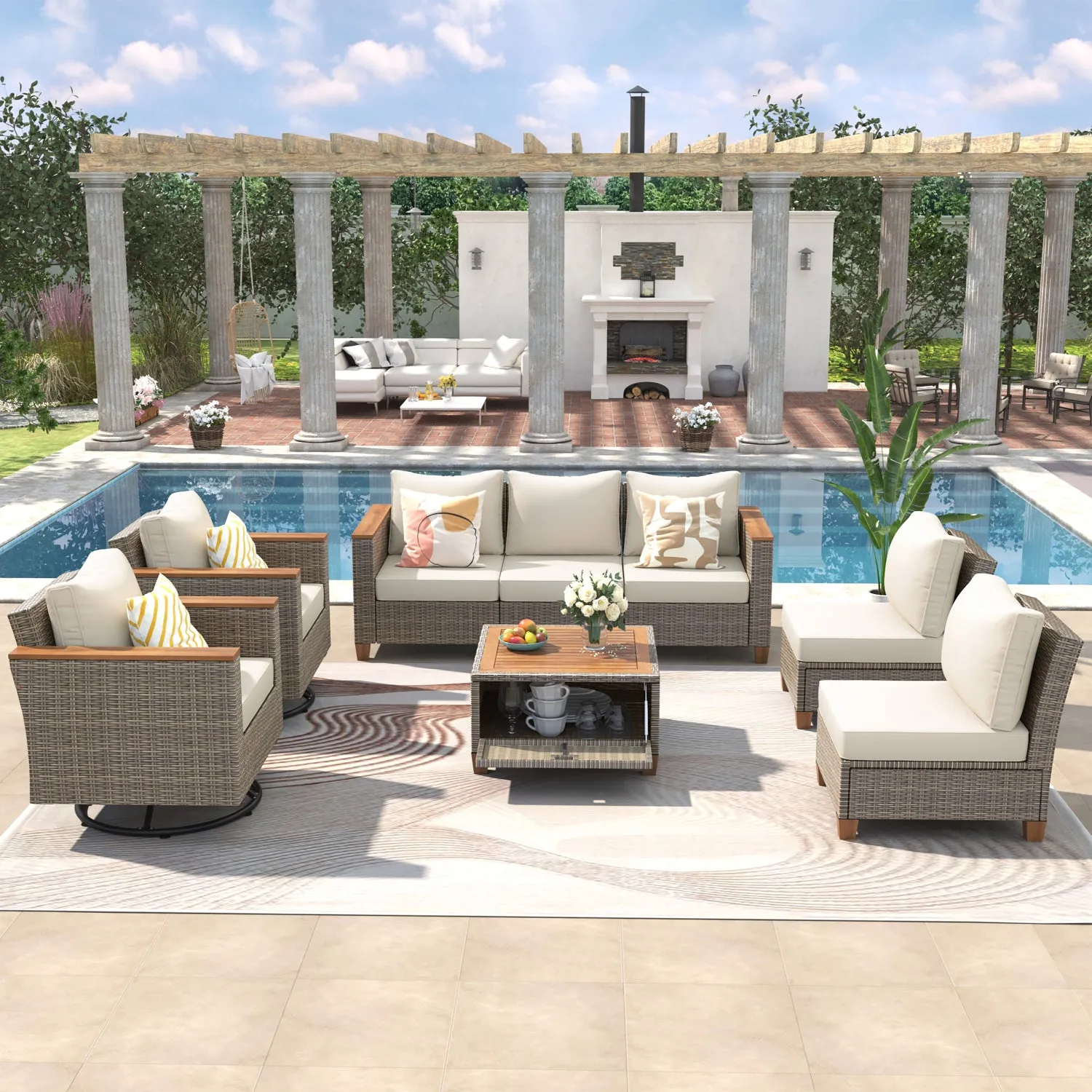 Streamdale Wicker Patio Set: Swivel Rockers, Couch, Storage Table