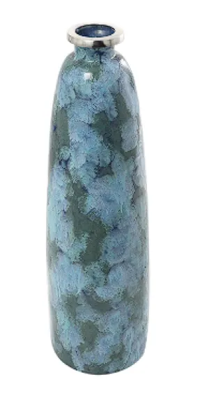 TEAL GLASS HANDMADE VASE WITH SILVER RIM, 10" X 10" X 34"
