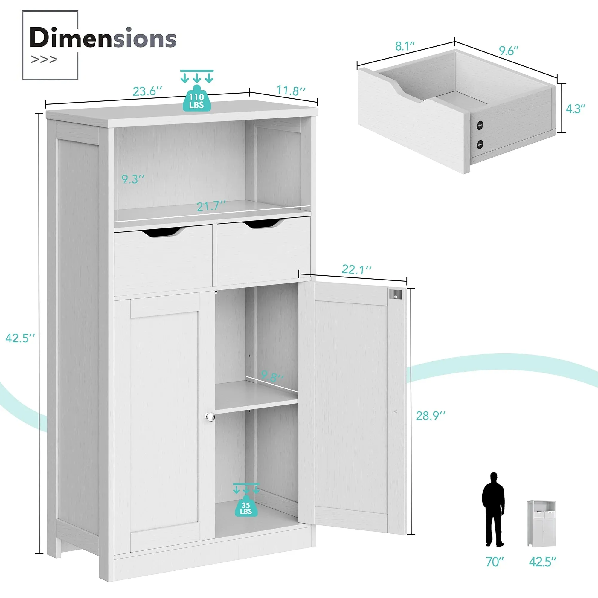Walsunny SHX6030-WH Freestanding Pantry Cabinet with 2 Drawers and Adjustable Shelves, White-2